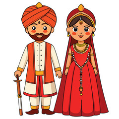 Cartoon Indian Bride and Groom in Traditional Wedding Attire