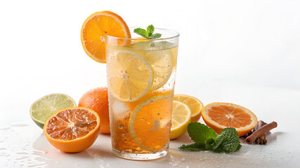 Icy Citrus Sparkler with Lemon, Orange, Lime and Mint on White.