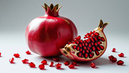 Ripe Pomegranate Still Life With Slice And Scattered Seeds Against White Backdrop
