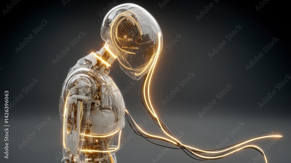 Poster a futuristic robot with glowing golden wires and a transparent helmet is shown in a dark studio sett