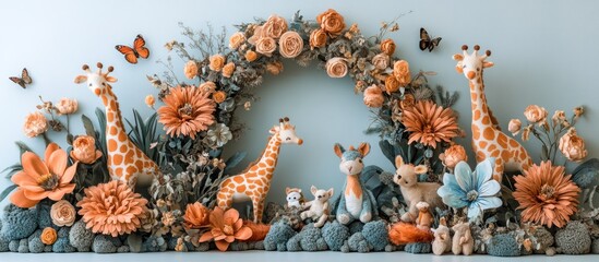 Obraz premium Giraffe and animal figurines in flower arrangement