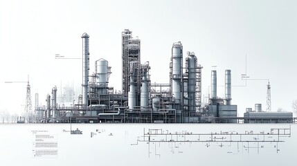 Obraz premium Modern industrial refinery complex illustration. Clean energy, technology, manufacturing.