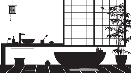 Silhouette of a modern minimalist bathroom with bathtub, sink, bamboo plant, and shoji window