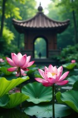Pink lotus blossoms thrive in a vibrant tropical spring garden temple setting , flower, serene