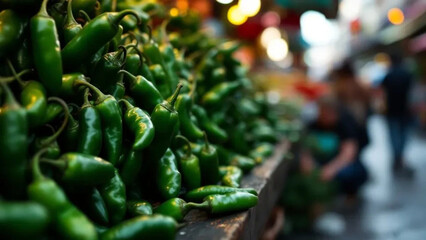Green hot peppers on the market