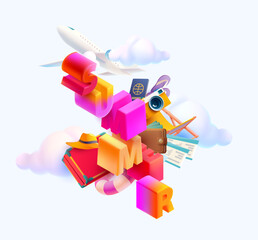 Colorful Summer Travel Vector Illustration with Airplane