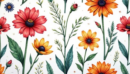 Intricate hand-drawn wildflowers, vibrant hues, seamless repeat, hand-drawn, art