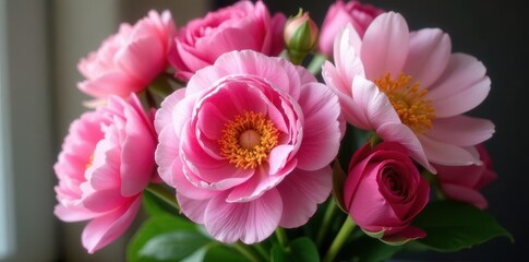 Fototapeta premium Pink peonies and roses bouquet Abundant blooms, copy space , celebration, blank space