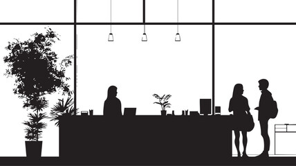 Fototapeta premium Silhouette of people interacting at a reception desk in a modern office lobby with plants and pendant lights