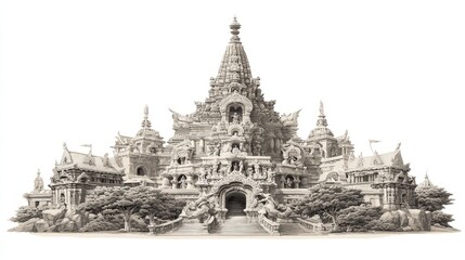 Detailed grayscale architectural rendering of an ornate temple or palace, exhibiting intricate detail and tiered structure.