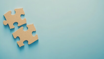 Obraz premium Two beige puzzle pieces connected on a light blue background. Ample copy space