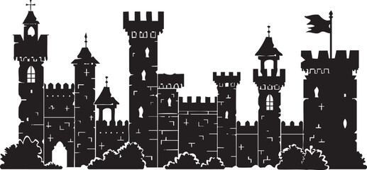 Obraz premium Black silhouette of a medieval castle with towers, battlements, and a flag on white background