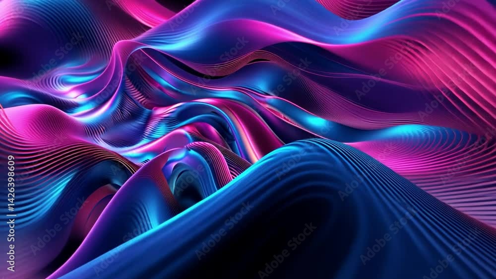 Poster vibrant abstract waves in blue and pink showcase smooth curves and flowing patterns, creating dynami