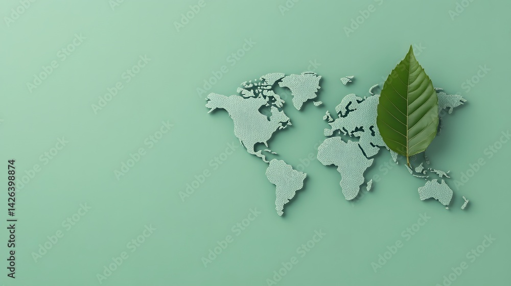 Poster minimalist leaf transforms into global map symbolizing eco-conscious initiatives