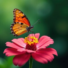 Naklejka premium Delicate butterfly perches on a vibrant flower petal, showcasing its intricate details, beauty, bloom
