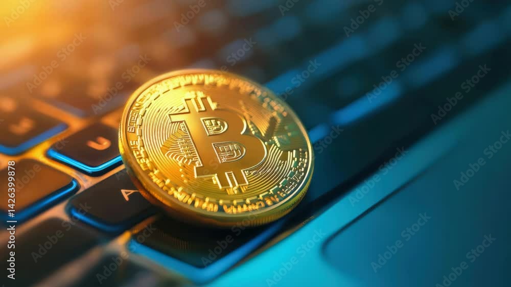 Poster a golden bitcoin rests on a laptop keyboard, symbolizing the intersection of cryptocurrency and tech