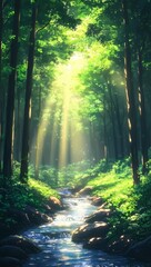 Fototapeta premium Forest Stream Sunlight Anime Style