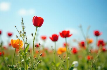 Fototapeta premium Field red, yellow, white flowers against the background of the blue sky
