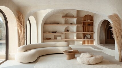 Bright contemporary living room with a beige curved sofa, arched windows, wooden shelves, and pampas grass decor