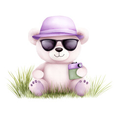 Fototapeta premium Adorable bear wearing sunglasses and a hat, enjoying a sunny day. isolated against a transparent background.