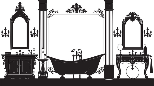 recommend clip art: Black and white silhouette of a vintage bathroom interior with ornate mirrors, bathtub, and columns