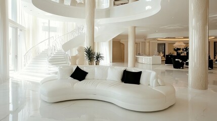 Bright luxury interior with white curved sofa, clean lines, marble surfaces, and upscale decorative elements