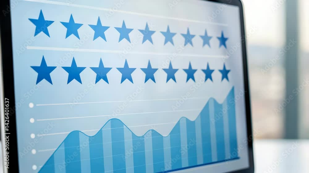 Poster star rating system, a digital screen displaying a line graph with upward trends and star ratings, in