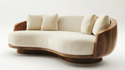 Chic seating area with a curved light sofa, deep cushions, and wooden foundation, evoking modern luxury and comfort