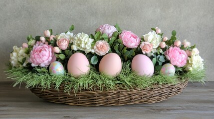 Obraz premium Table centerpiece with pastel Easter eggs, faux grass, and spring floral garland arranged in a wicker basket