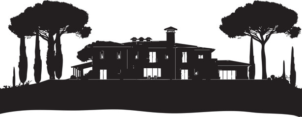 Fototapeta premium Silhouette of a large villa with trees and landscaping on a hill in a peaceful countryside setting
