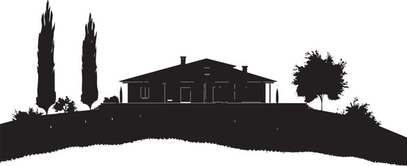 Obraz premium Silhouette of a house on a hill with surrounding trees and shrubs in a peaceful landscape
