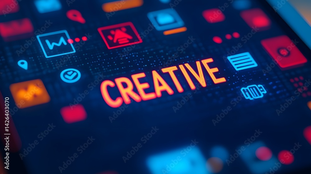 Aufkleber digital tablet projecting creative with floating tech icons for modern thinking