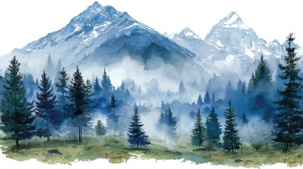 Misty mountain landscape painting, featuring snow capped peaks, evergreen trees, and a soft blue color palette.