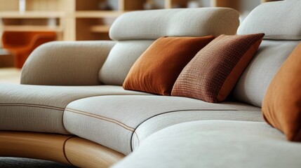 Close-up of plush cushions and reclining sections on a light curved sofa with an elegant wooden frame, highlighting modern comfort