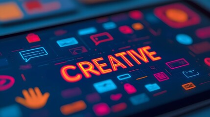 Obraz premium Digital Tablet Projecting the Word CREATIVE with Floating Icons, Symbolizing Modern Digital Innovation