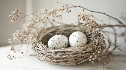 Tiny Easter basket centerpiece with speckled eggs and dried flowers in rustic cottage setting