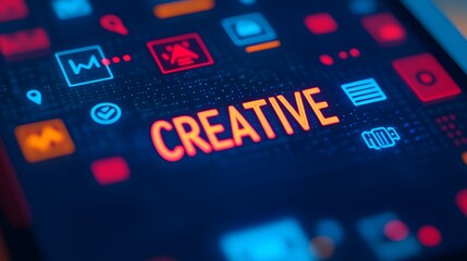 Obraz premium Digital Tablet Projecting CREATIVE with Floating Tech Icons for Modern Thinking