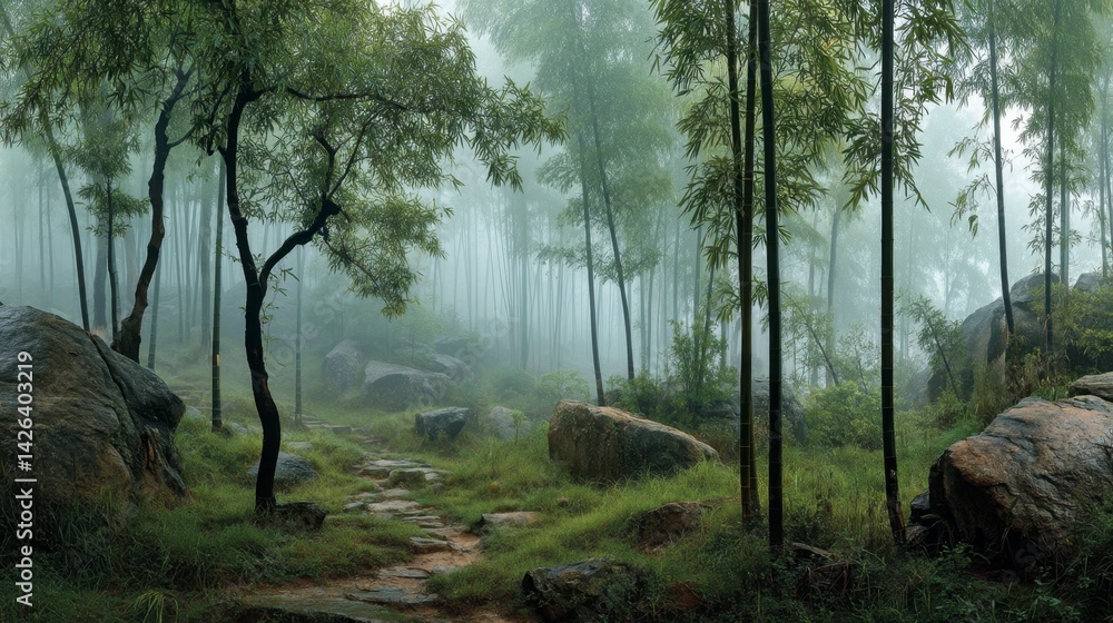 Poster misty forest path winding through lush green vegetation and large rocks. soft light filters through 