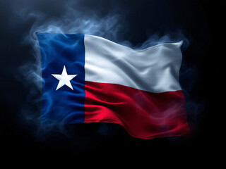 Texas flag with Lone Star, waving fabric texture on dark smoke background.
