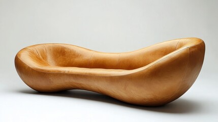 Contemporary three-seat sofa in tan leather, curved design shown clearly against white background with soft shadows