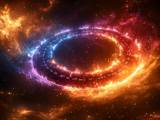 Obraz premium A swirling ring of light cuts through the cosmos glowing orange and blue against dark nebula and twinkling stars