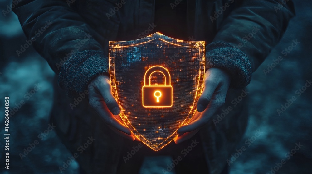 Aufkleber digital security shield protection concept futuristic glowing orange cyber data privacy secure netwo