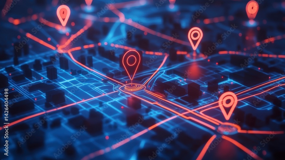 Canvas Prints futuristic city map with glowing location markers illustrating navigation, network, and connection.