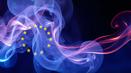 Fototapeta premium EU flag with stars, blue and purple colors, waving fabric texture, purple haze.