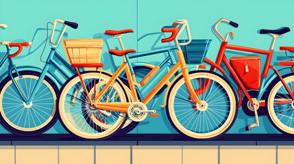 Fototapeta premium Colorful bicycles parked against a teal wall, city background, perfect for travel or lifestyle blogs