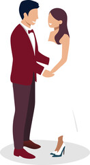 Happy Couple in Wedding Attire Holding Hands