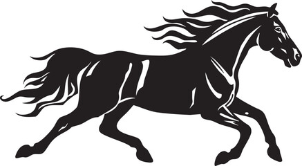 Obraz premium Black silhouette of a powerful horse running with flowing mane and tail on white background