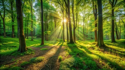 Naklejka premium Warm sunlight filters through a lush green forest canopy, casting dappled shadows on the forest floor , landscape