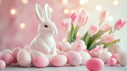 White ceramic bunny surrounded by pink tulips and Easter decorations