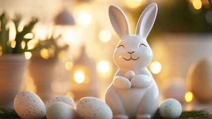 White ceramic bunny with soft lighting, surrounded by pastel Easter decorations
